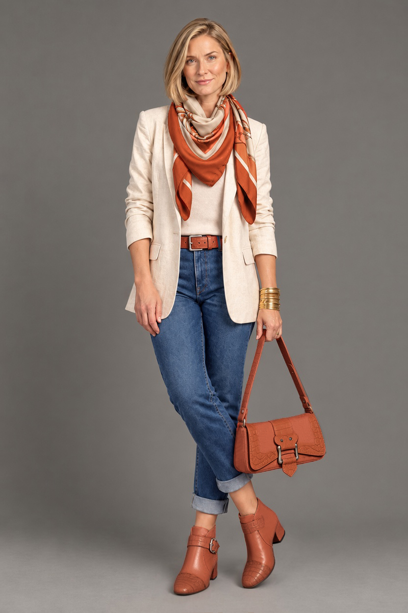 Women's terracotta front-buckle ankle boots with round toe and low flared heel - Top view